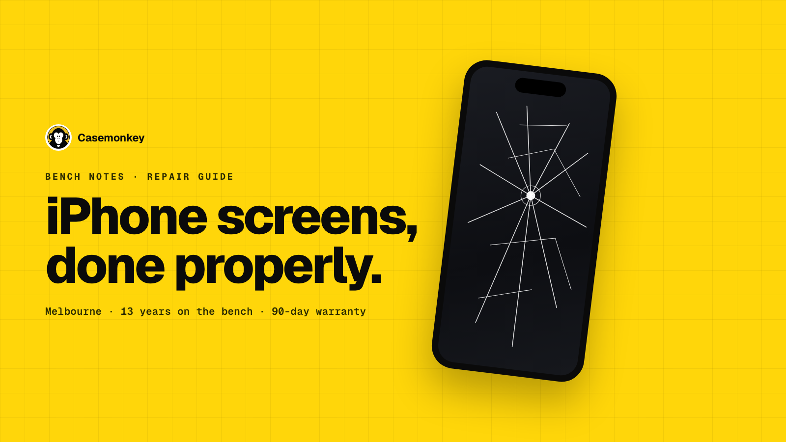 Casemonkey — iPhone screens, done properly. Illustration of an iPhone with a cracked screen on the brand yellow background.