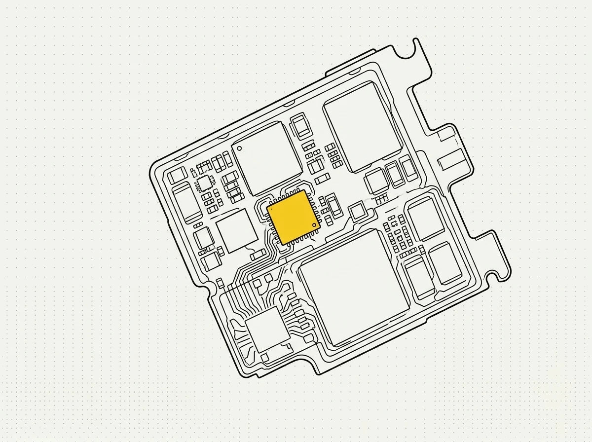 Apple Watch logic board with a single failed charging IC magnified for a board-level repair