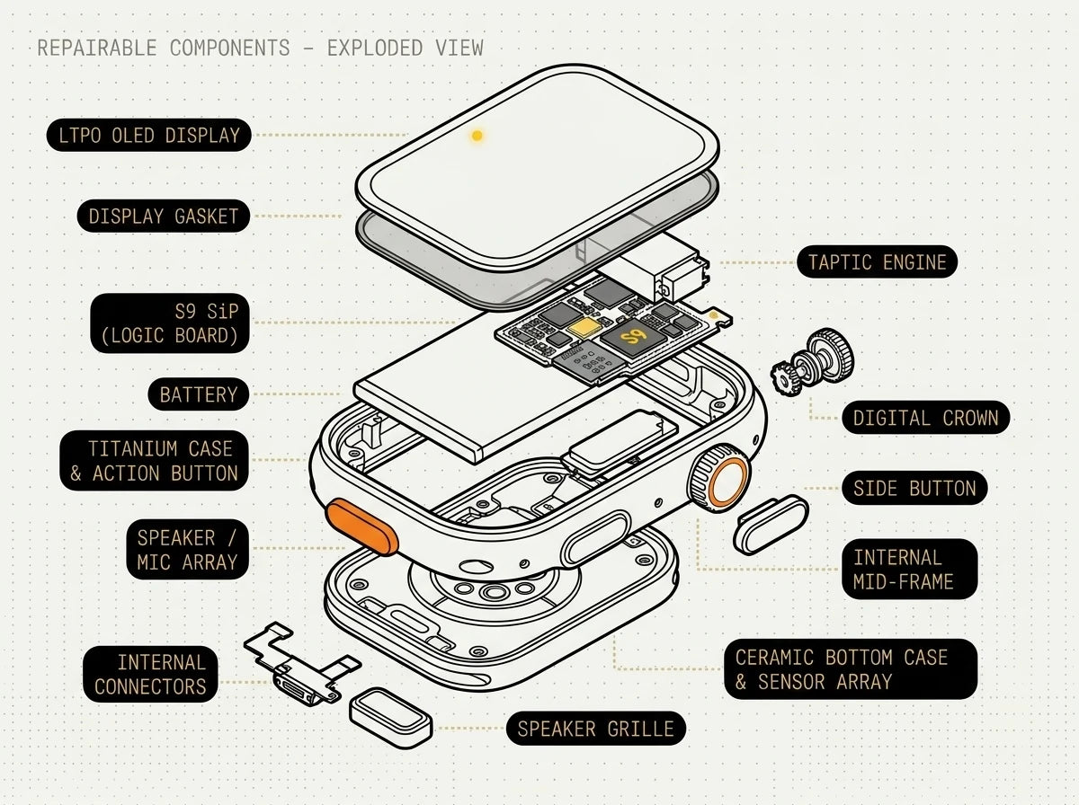 Exploded diagram of an Apple Watch with the fused glass-OLED-digitizer display, battery, Taptic Engine, Digital Crown, logic board, back sensor crystal and band all labelled