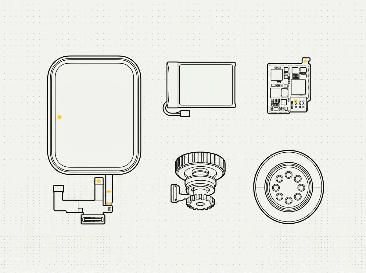 High-quality aftermarket Apple Watch replacement parts built to the original spec — fused display assembly and battery laid out