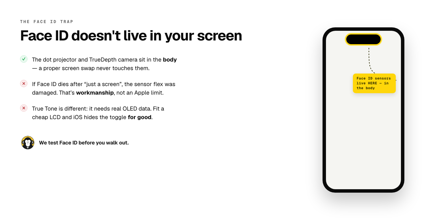 Diagram showing the Face ID dot projector and TrueDepth camera live in the iPhone body, not the screen, so a proper screen swap should never break Face ID.