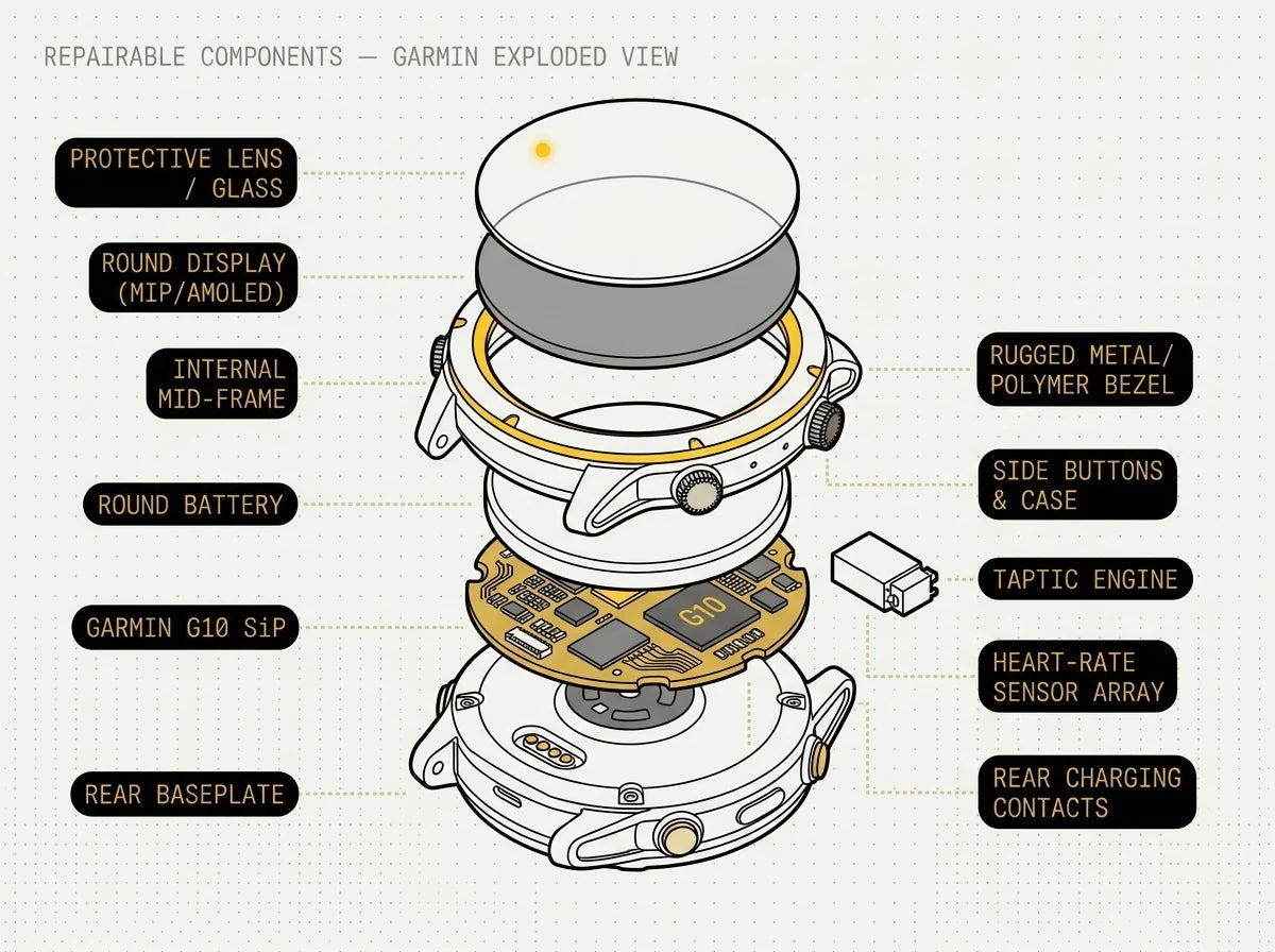 Exploded diagram of a Garmin watch with the protective lens, display, battery, charging contacts, buttons, bezel and sealed back cover all labelled