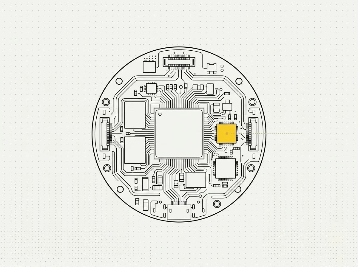Samsung Galaxy Watch mainboard with a single failed chip magnified for a board-level repair