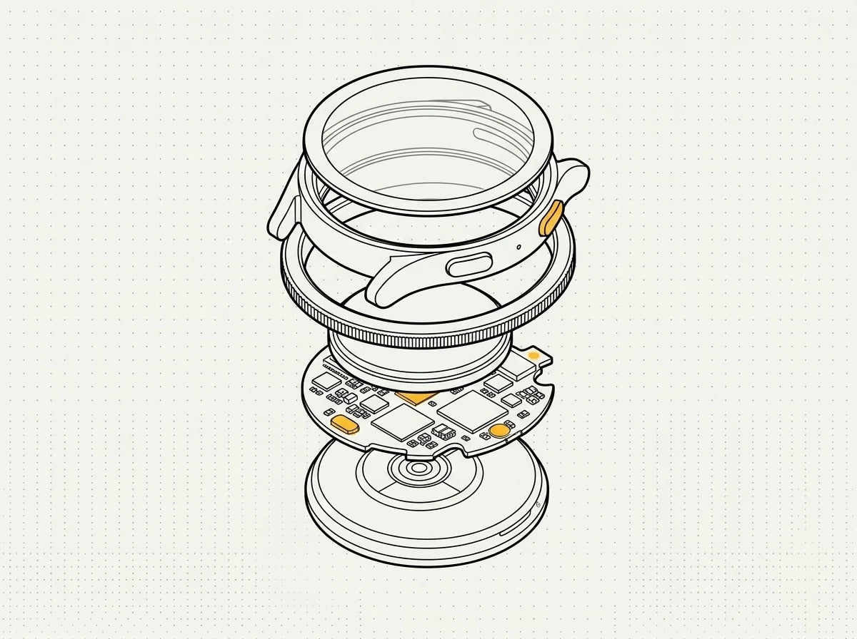 Exploded diagram of a Samsung Galaxy Watch with the round AMOLED display, battery, rotating bezel, back sensor cover, buttons and mainboard all labelled