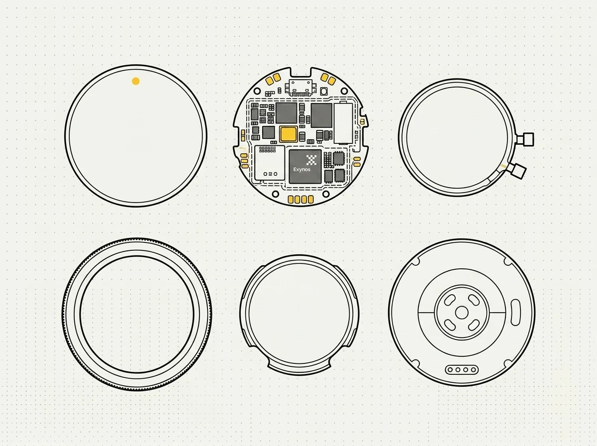Galaxy Watch replacement parts laid out — round AMOLED display module, battery cell, back sensor cover and rotating bezel