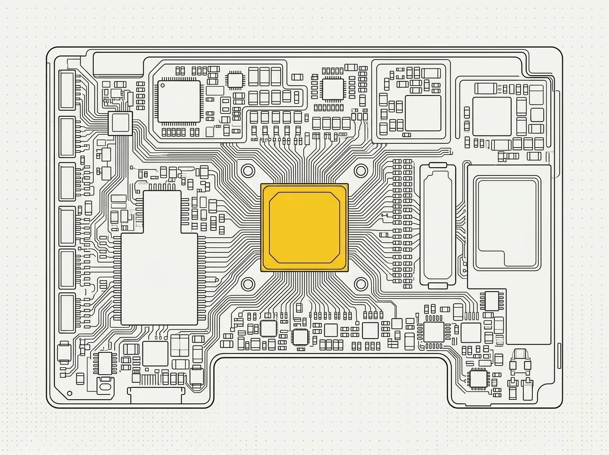 An Apple iMac logic board with a single failed component magnified for a board-level repair