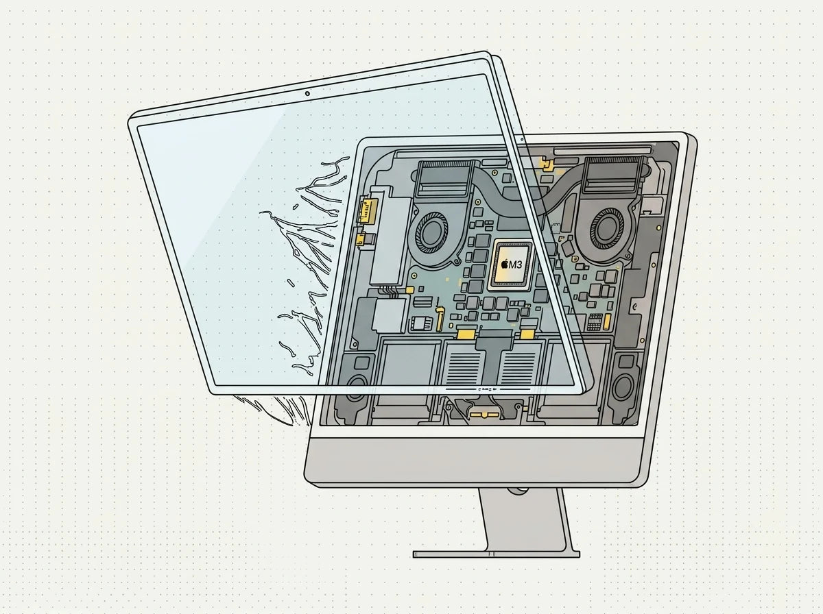 An Apple iMac opened for a display repair, the adhesive-bonded screen lifted to reach the components inside