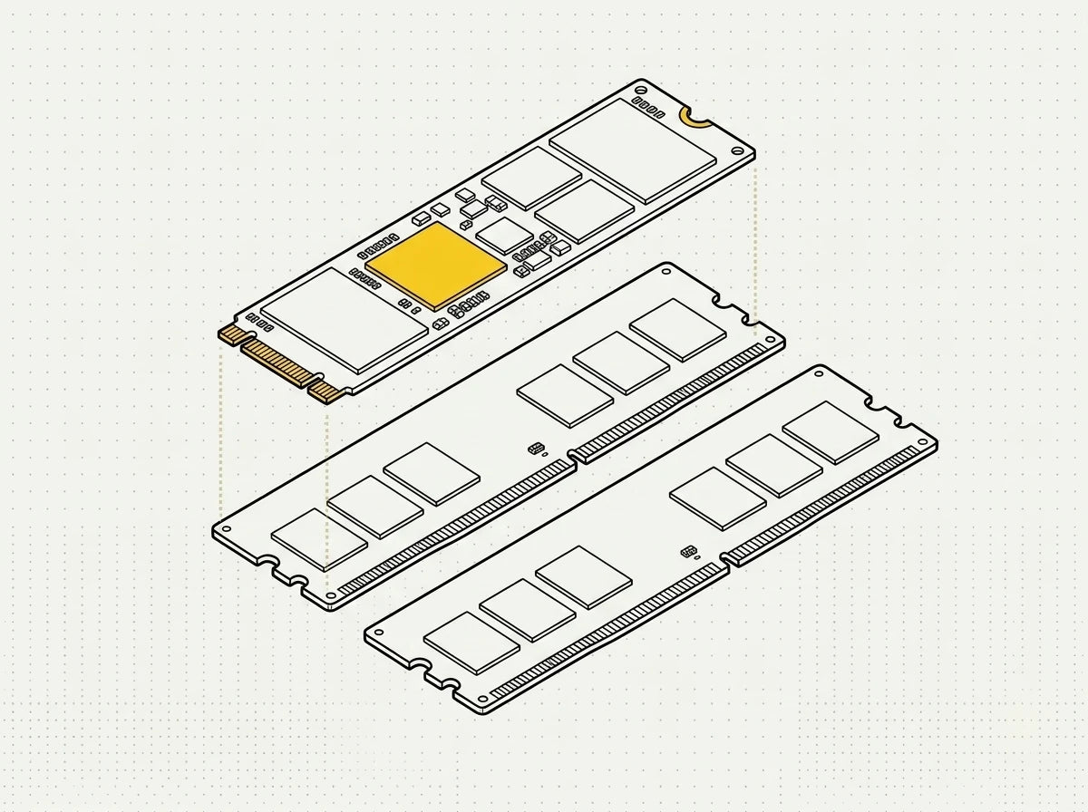 An SSD and RAM modules being fitted into an Apple iMac for a performance upgrade