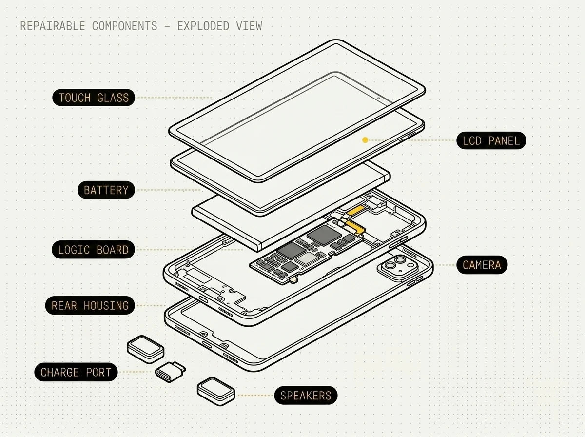 Exploded diagram of an Apple iPad with the glass, LCD, battery, charging port, cameras, speakers and logic board all labelled