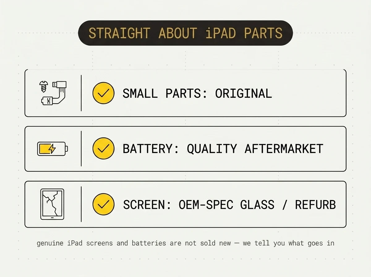 iPad replacement parts laid out — OEM-spec screen glass, a refurbished screen assembly, a quality battery and original charging port, cameras and buttons