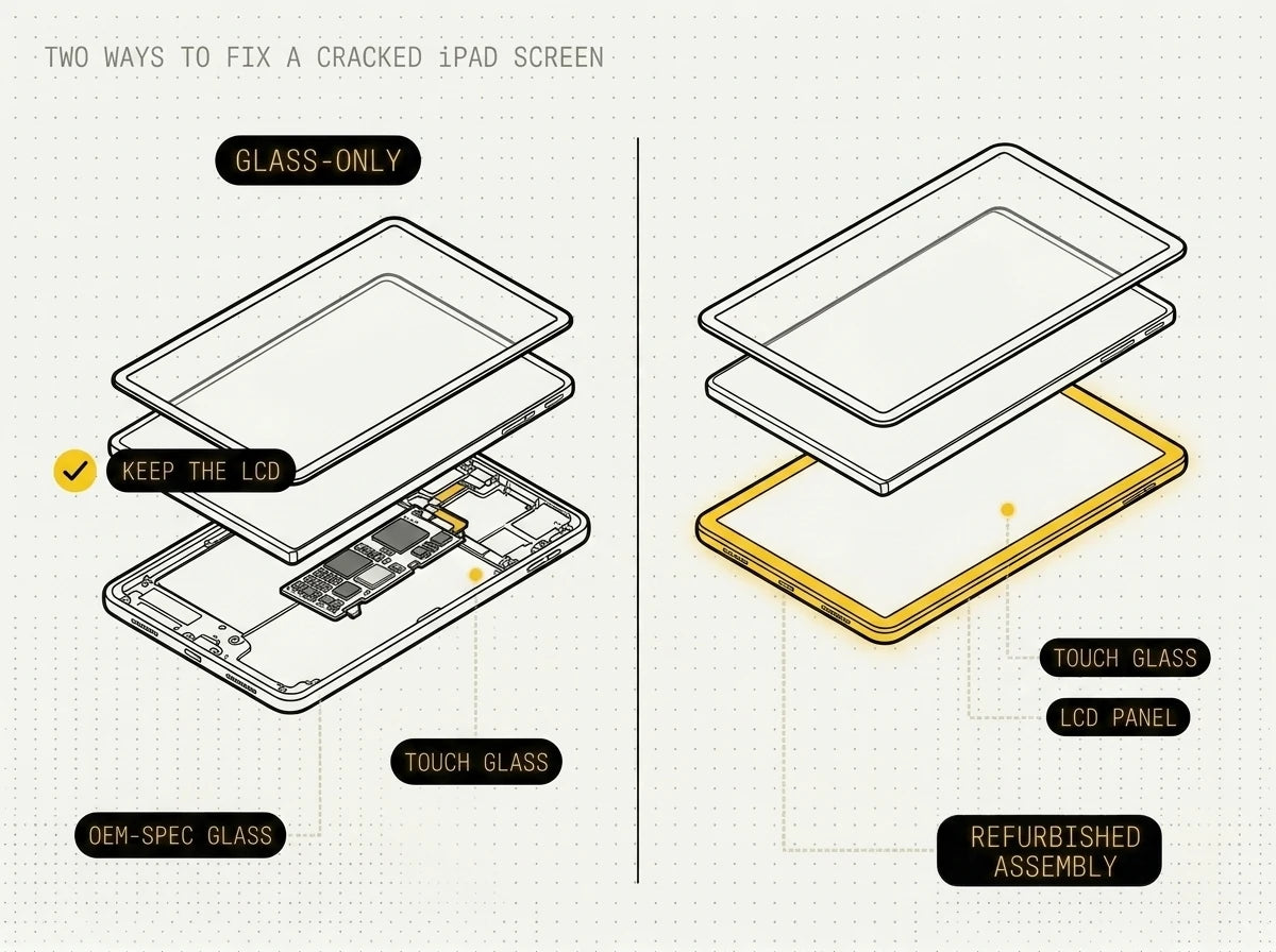 An iPad screen repair showing the touch glass as a separate layer from the LCD — a glass-only fix beside a full refurbished screen assembly