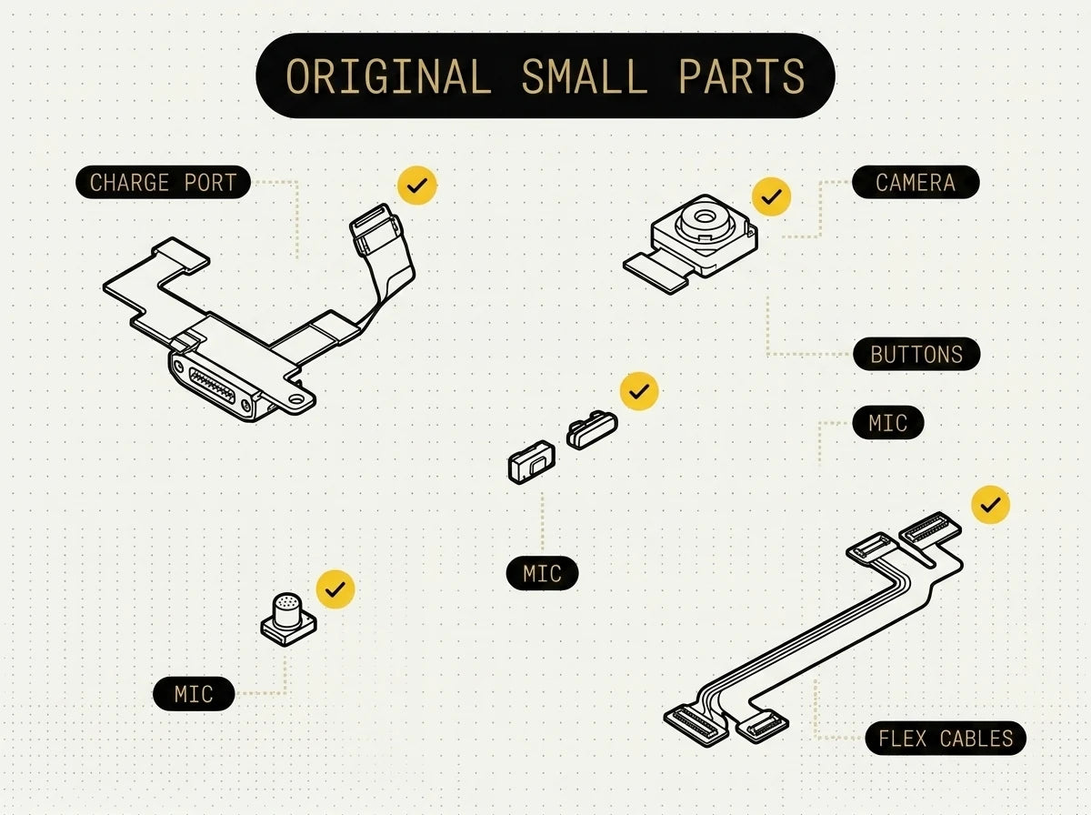 Original iPad small parts laid out — charging port, front and rear cameras, buttons, microphone and flex cables