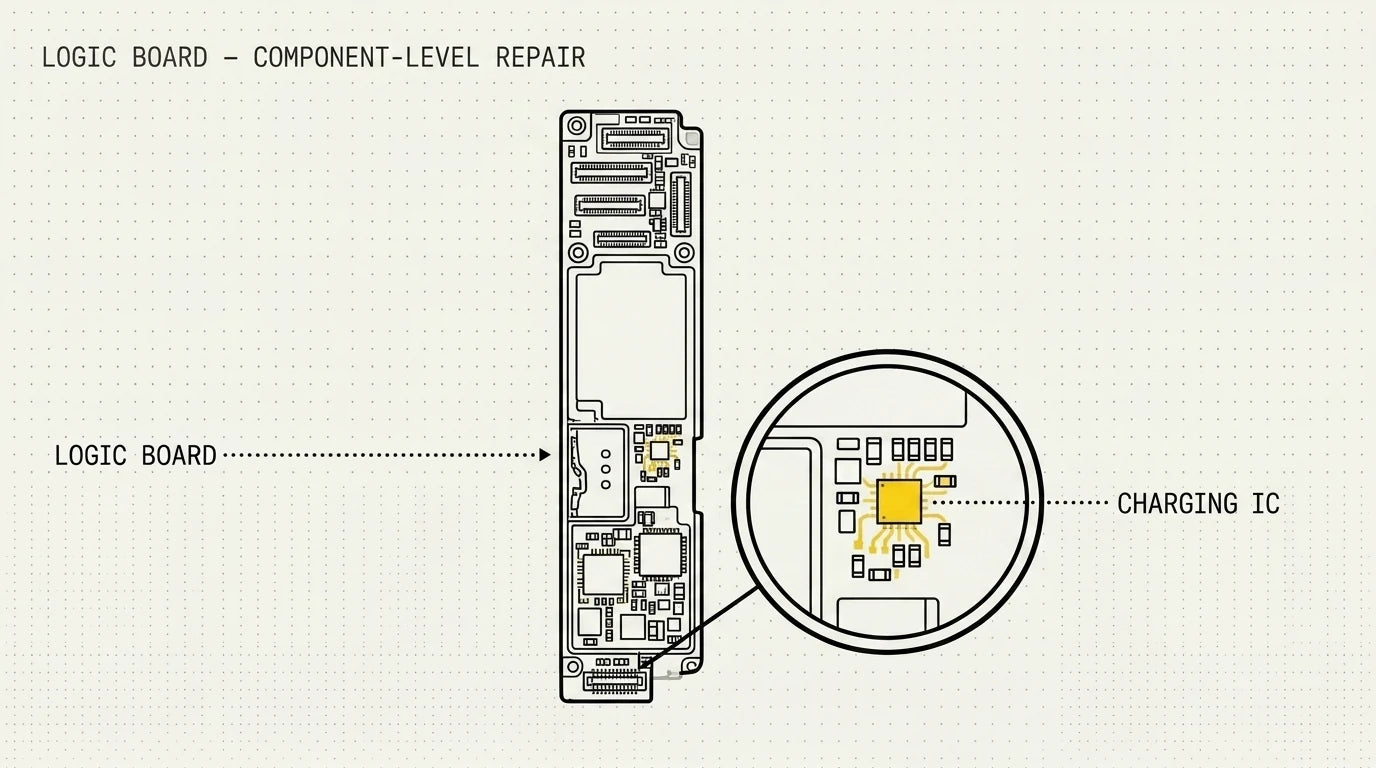 iPhone logic board with a single failed chip magnified for a board-level repair