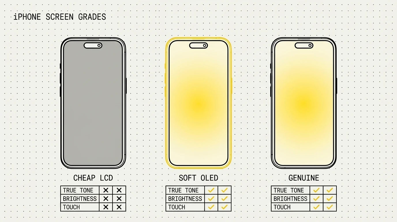 Side-by-side comparison of a top-tier Soft OLED, a cheap incell panel and a genuine iPhone screen