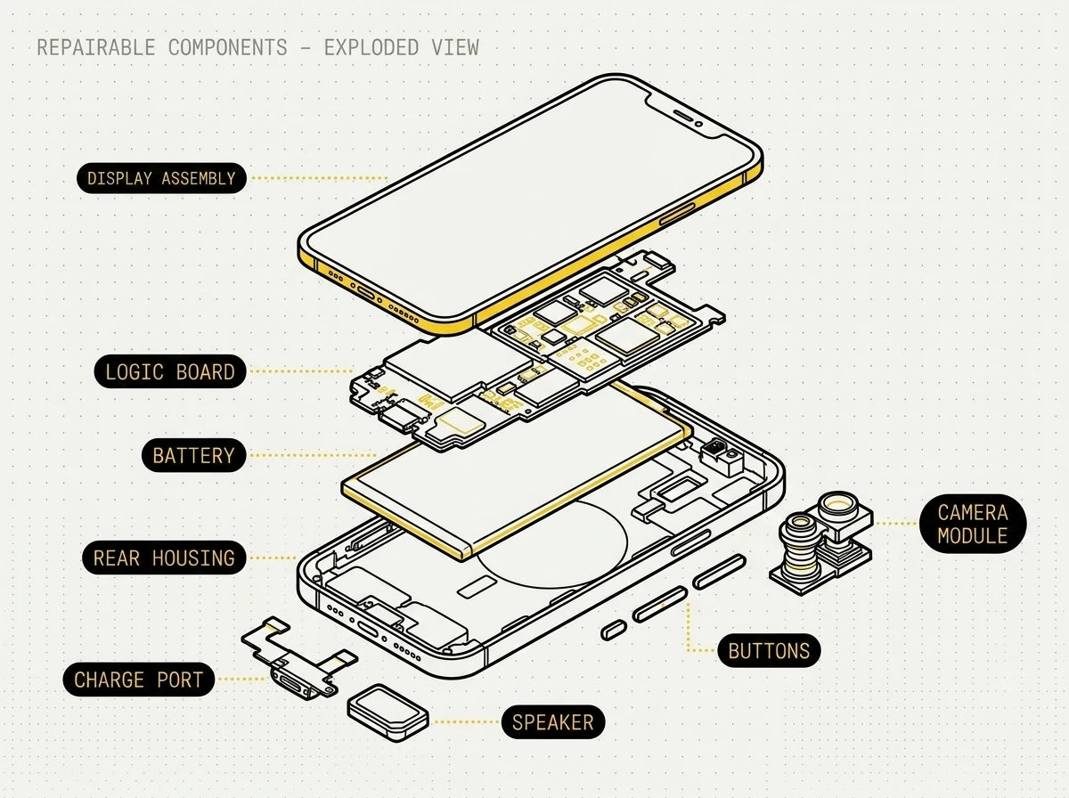 Exploded diagram of an iPhone with the screen, battery, logic board, camera, charge port, speaker and buttons all labelled
