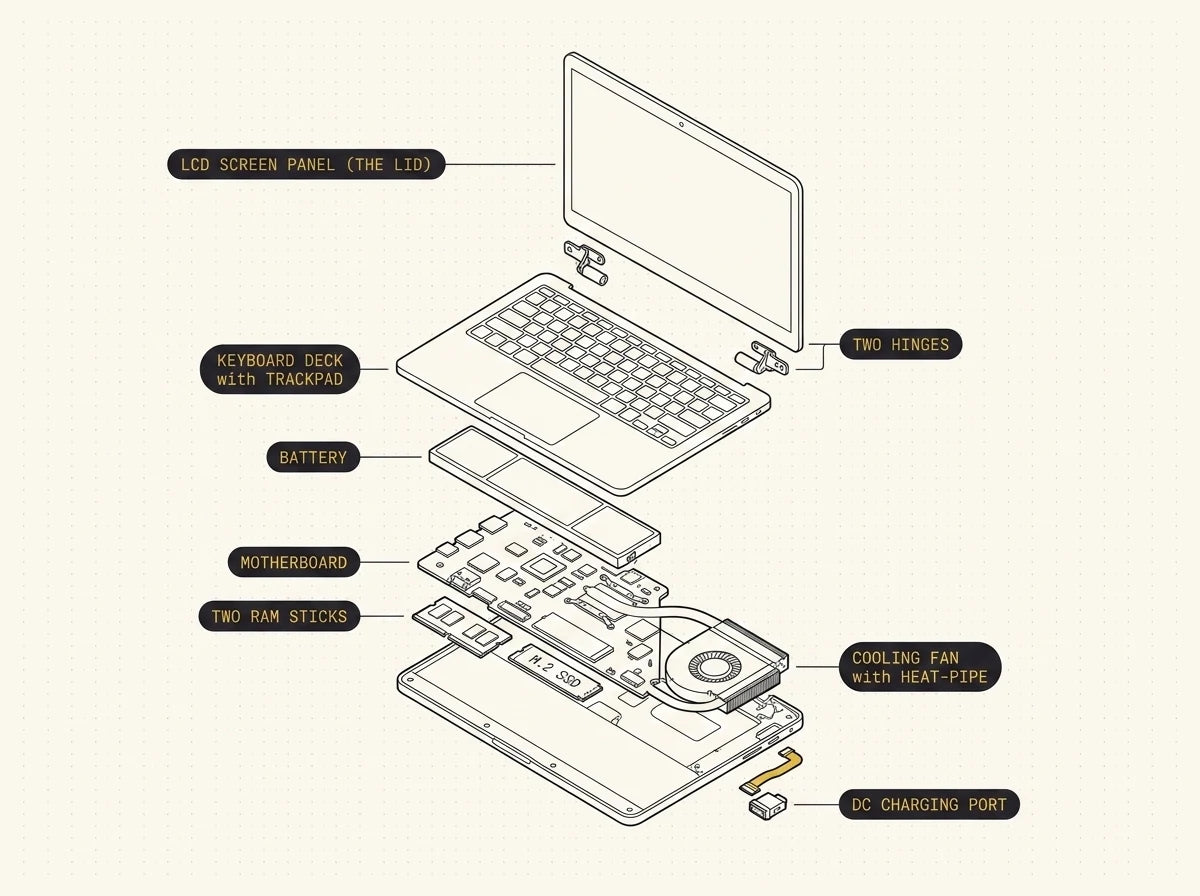 A Dell laptop with the LCD screen, keyboard, battery, charging port, cooling fan, RAM and SSD all labelled