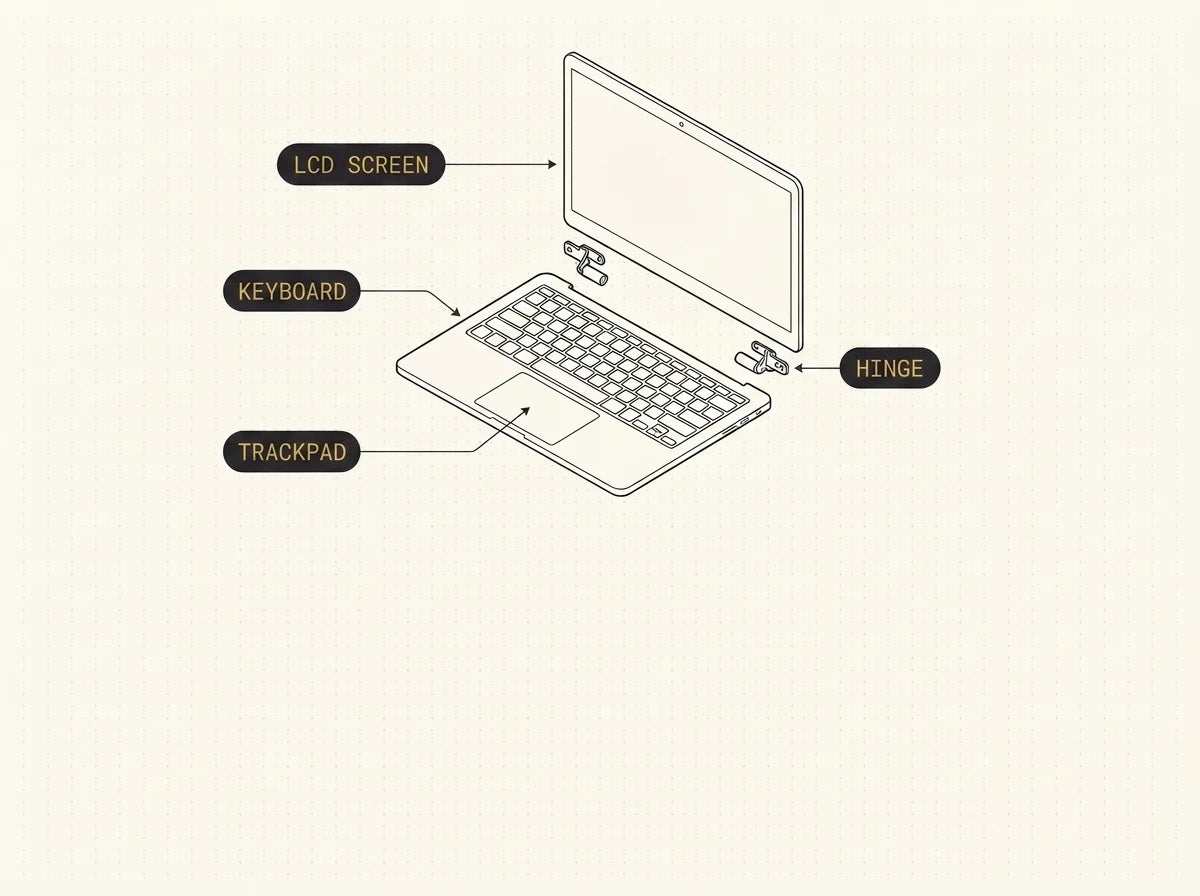 A Dell laptop opened flat showing its keyboard, LCD screen and hinges