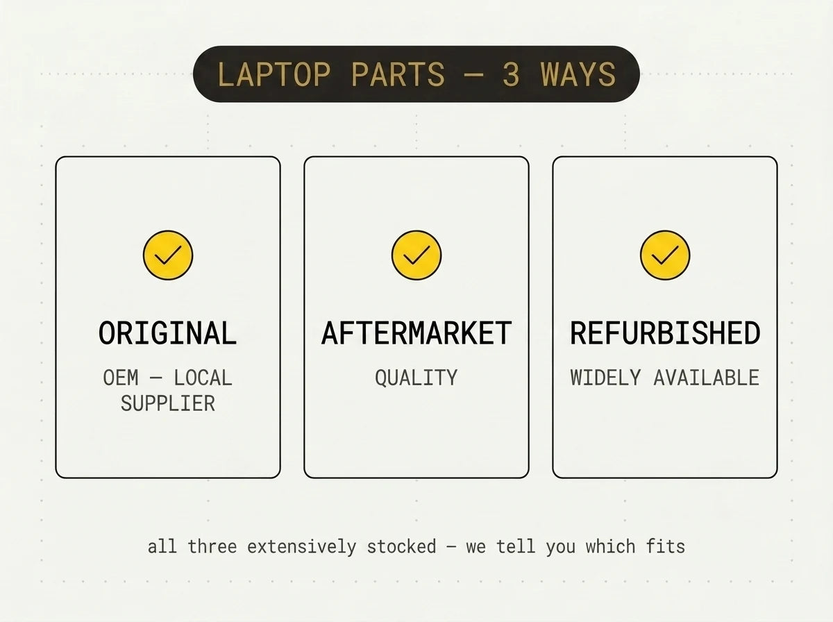 Laptop replacement parts laid out — LCD panel, keyboard, battery, charge port and fan in original, aftermarket and refurbished tiers