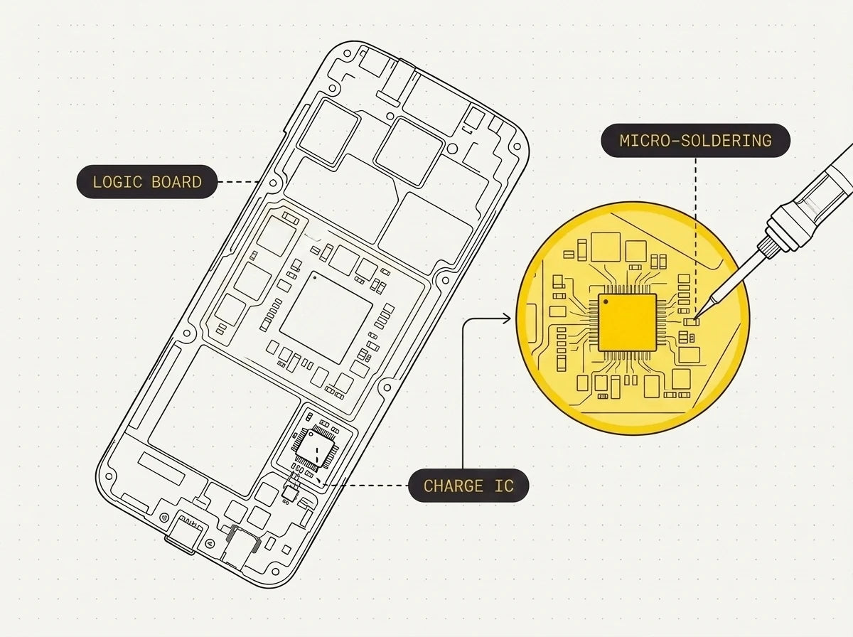 A Nintendo Switch logic board under a microscope with the USB-C charging port and the failed charging IC magnified for a board-level repair