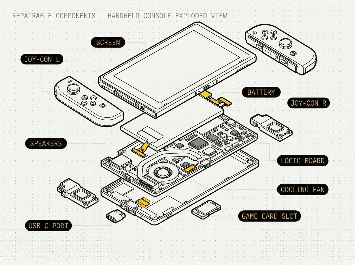 Exploded diagram of a Nintendo Switch with the Joy-Con analog sticks, screen, USB-C charging port, battery, cooling fan, game-card reader and board all labelled