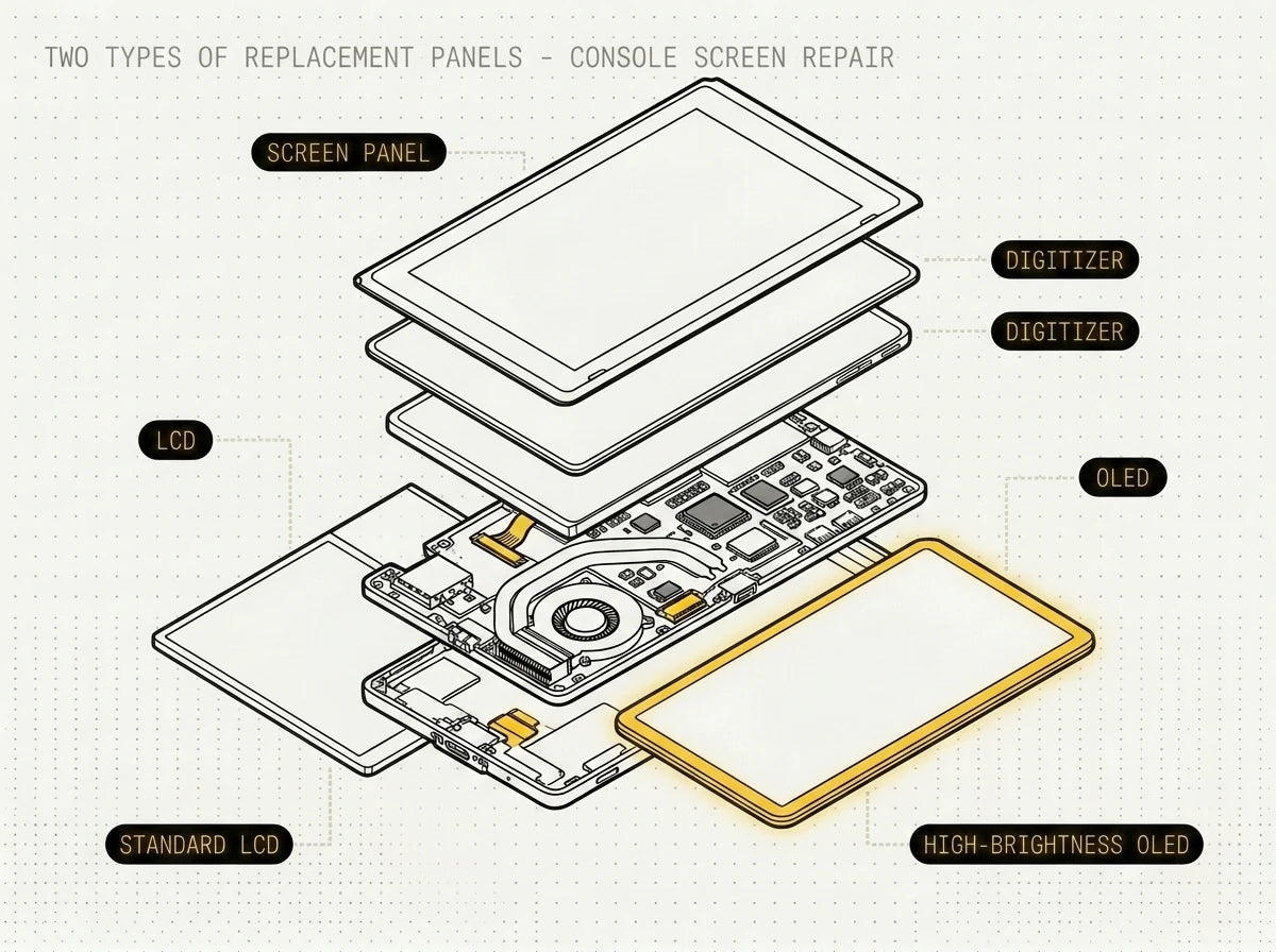 A Nintendo Switch screen repair showing a cracked panel lifted off beside a fresh replacement — an LCD for the standard and Lite, an OLED panel for the OLED model