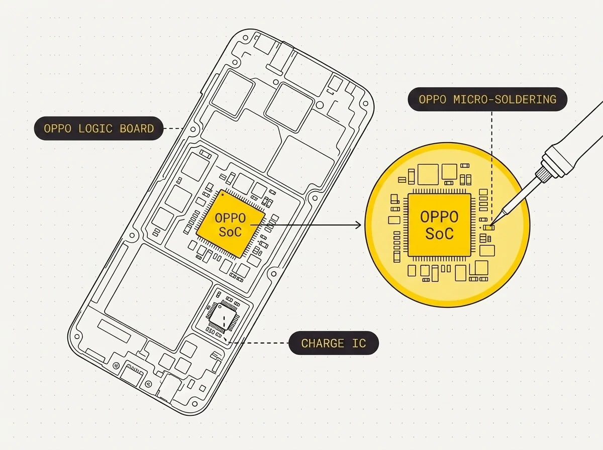 Oppo logic board with a single failed chip magnified for a board-level repair