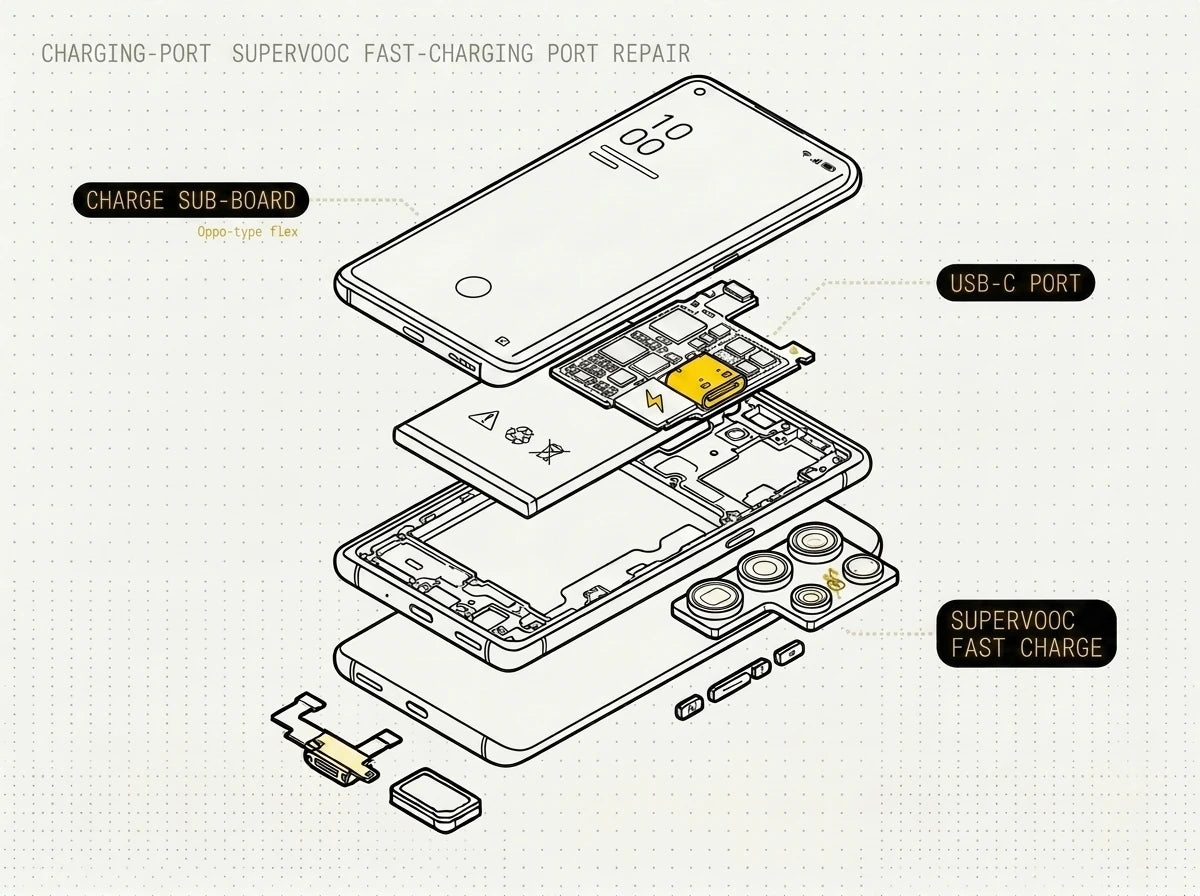 An Oppo SuperVOOC charging-port flex with its USB-C connector, matched to the phone's exact model