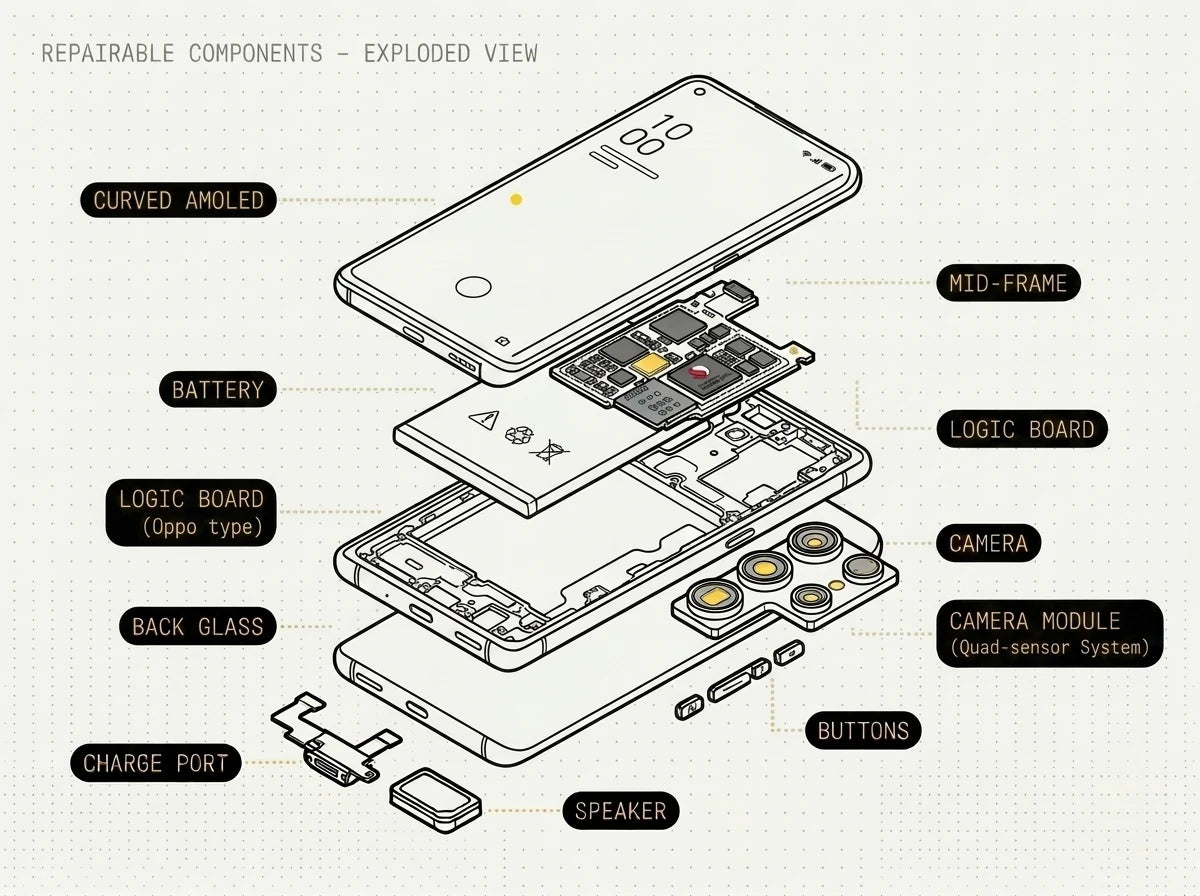 Exploded diagram of an Oppo phone with the curved AMOLED screen, battery, board, camera, SuperVOOC port, speaker and buttons all labelled