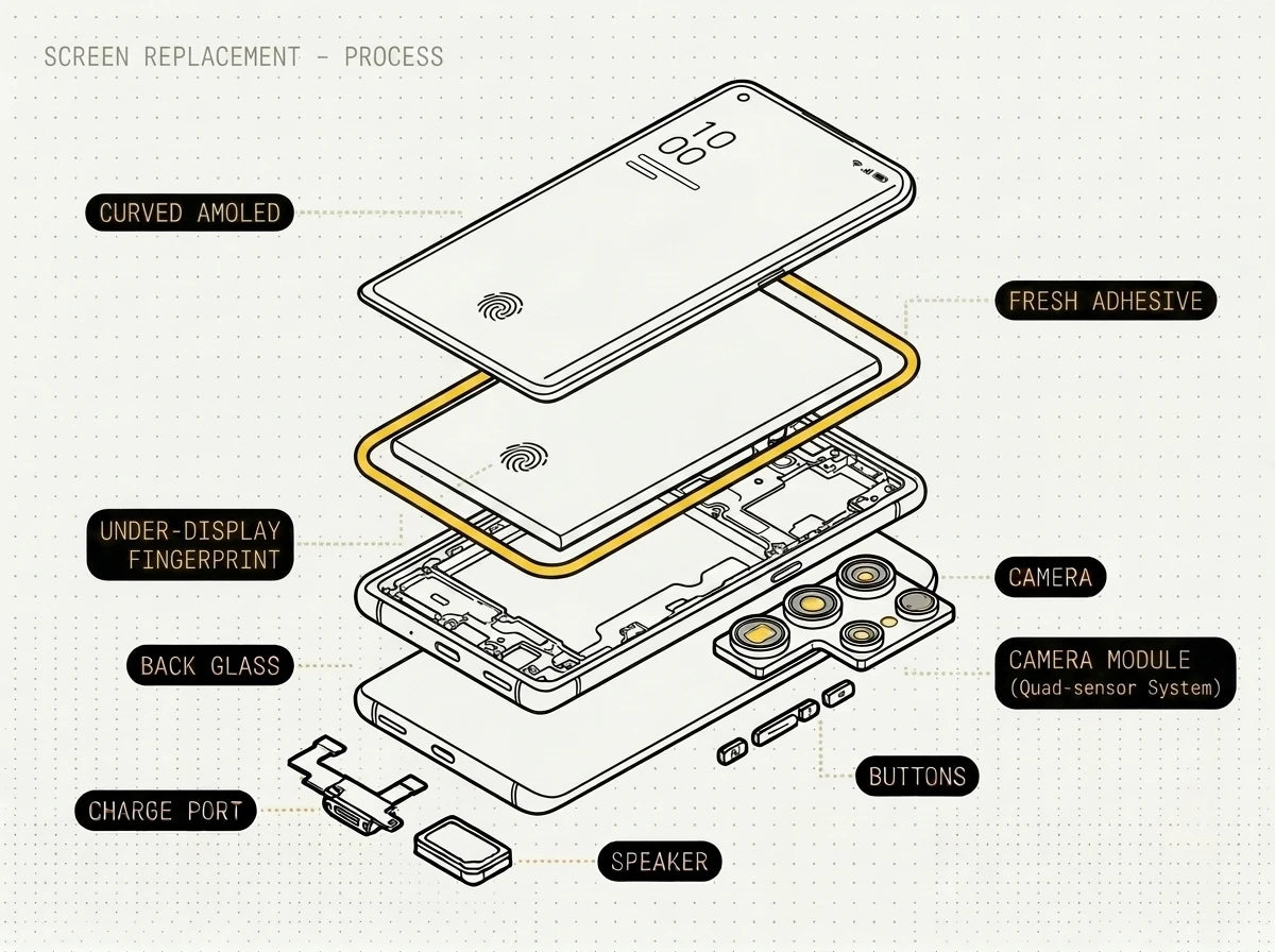 An Oppo curved AMOLED screen-and-frame assembly being seated onto the phone during a screen replacement