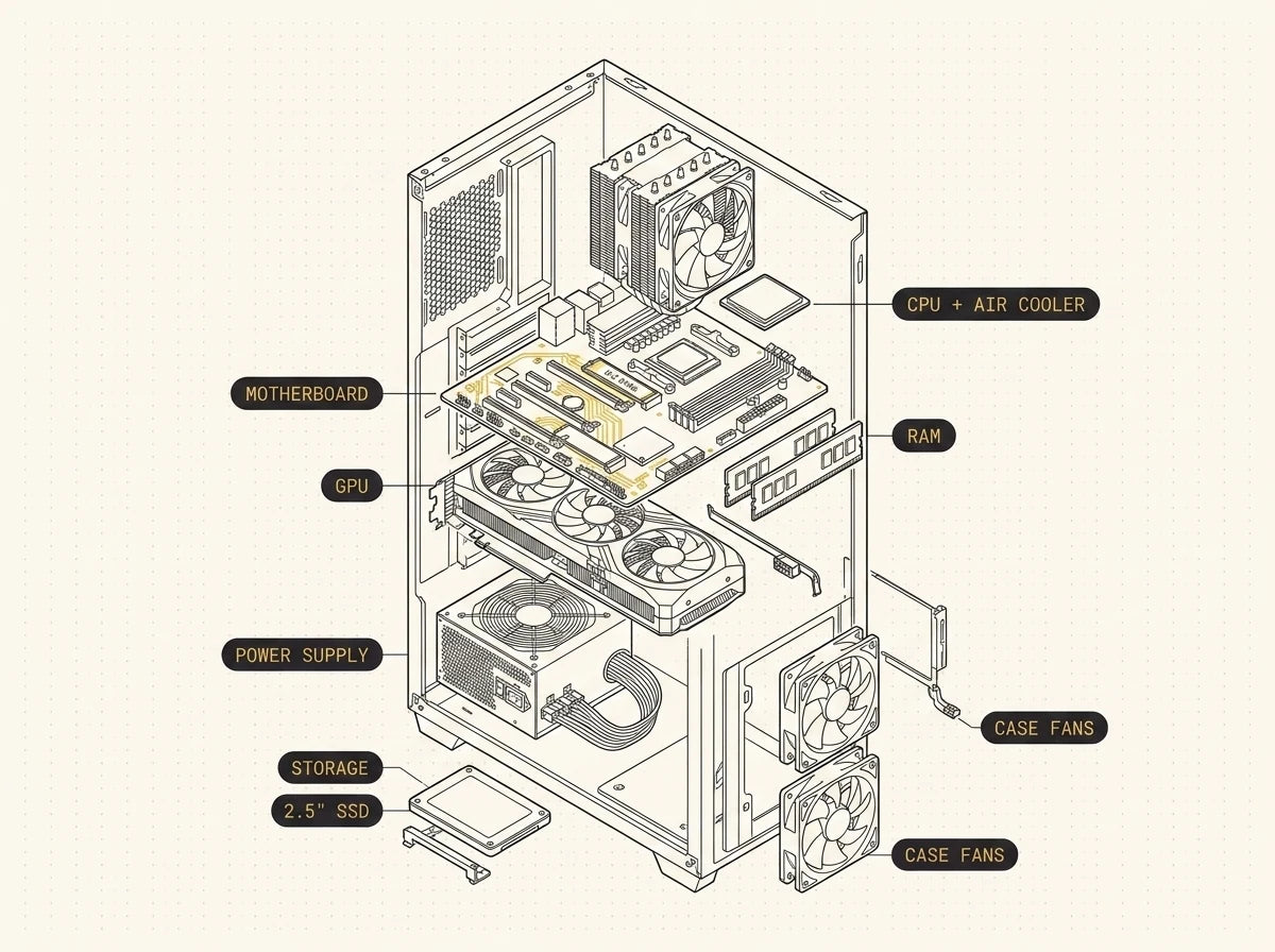 A Dell desktop opened up with the graphics card, RAM, storage, power supply, cooling and motherboard all labelled