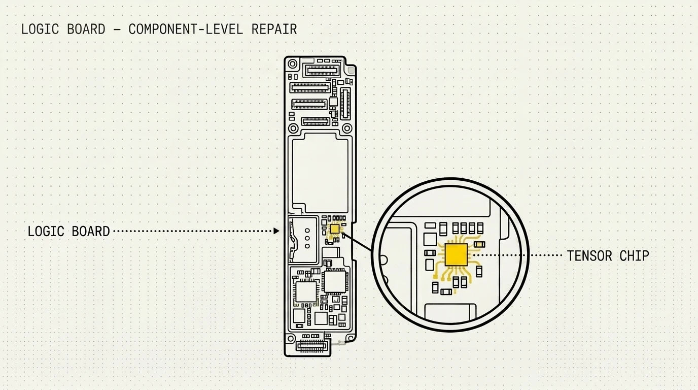Google Pixel logic board with a single failed chip magnified for a board-level repair