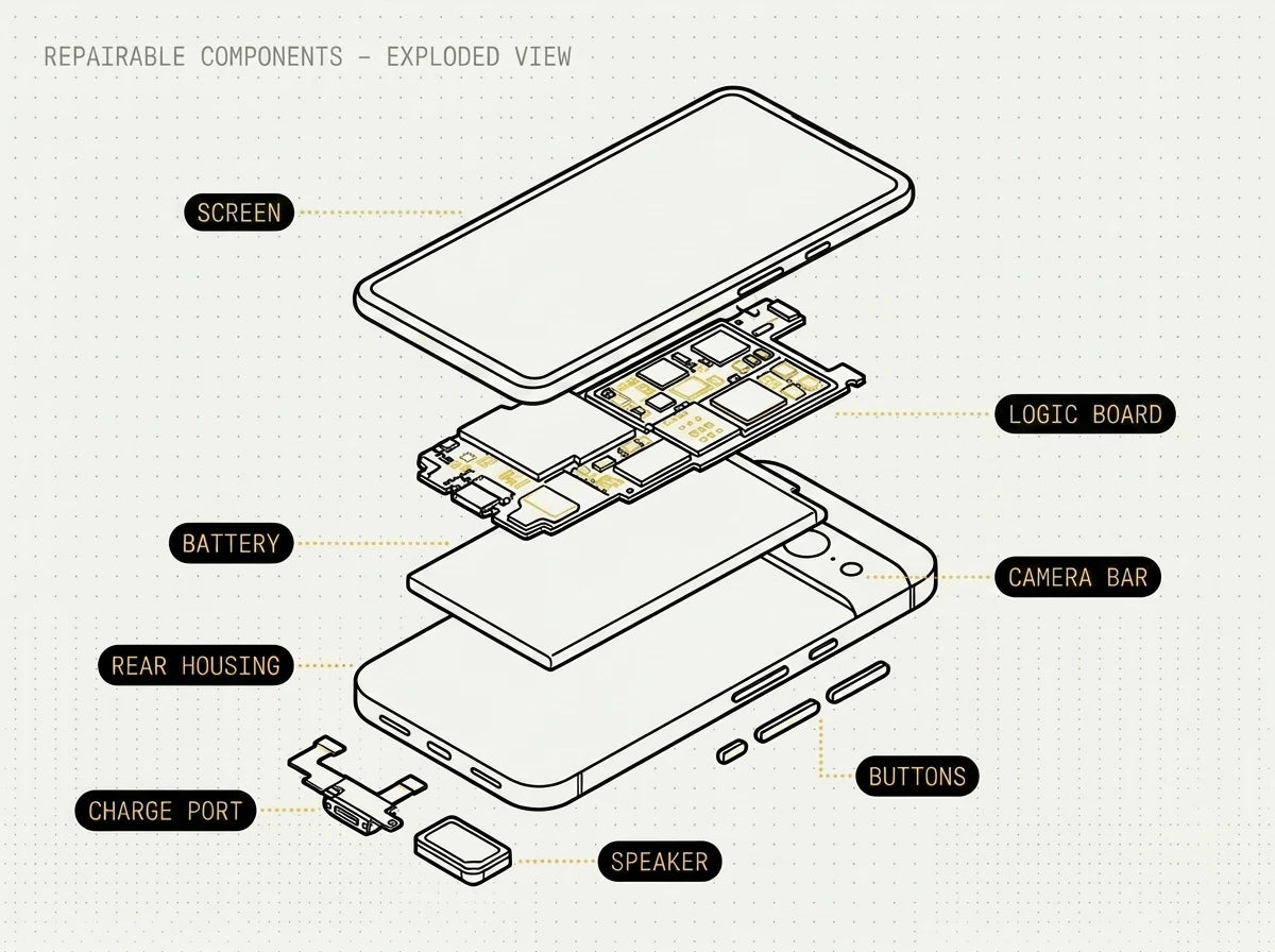Exploded diagram of a Google Pixel with the screen, battery, board, camera, USB-C port, speaker and buttons all labelled