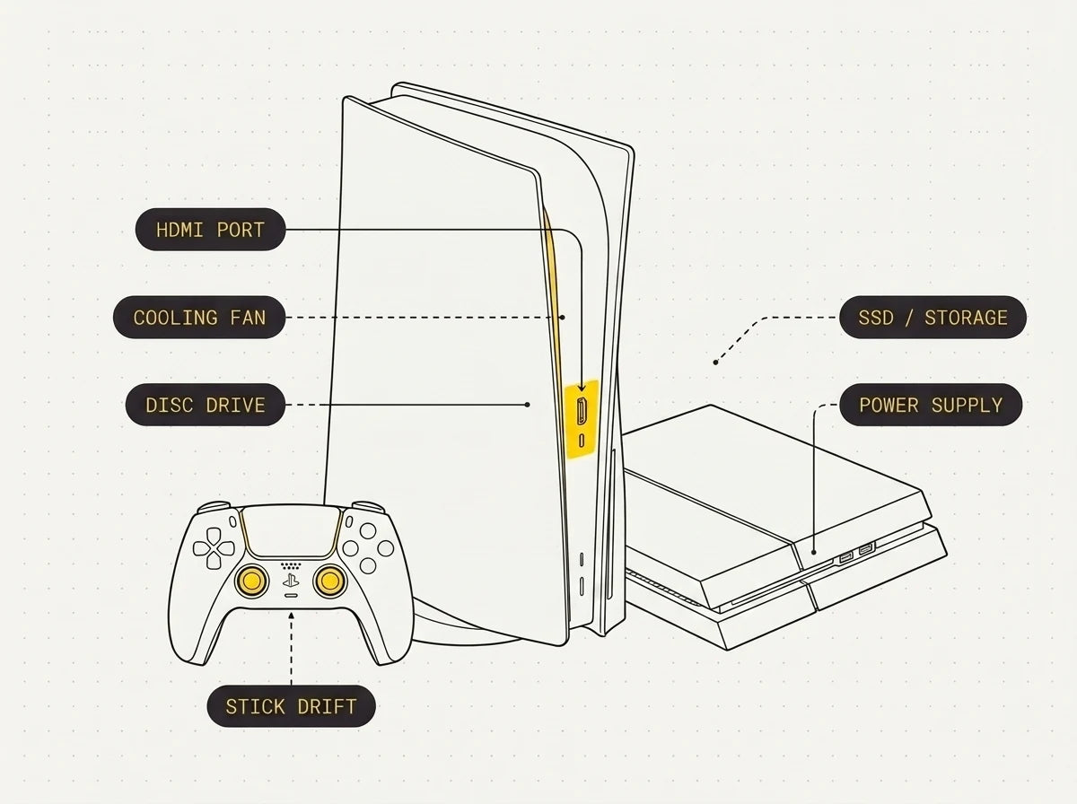 Exploded diagram of a PlayStation console with the HDMI port, mainboard, cooling fan, heatsink, disc drive, storage and controller all labelled