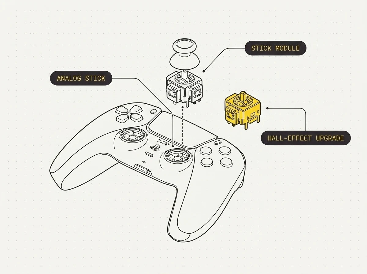A DualSense controller opened up with the analog stick module being replaced to fix stick drift