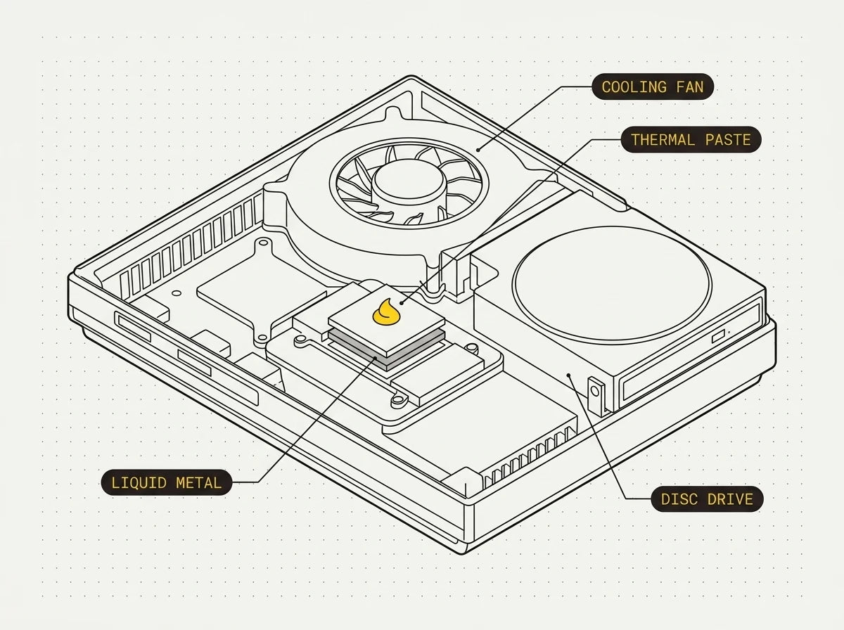 An Xbox opened for a thermal service — heatsink and fan cleaned and fresh thermal paste applied