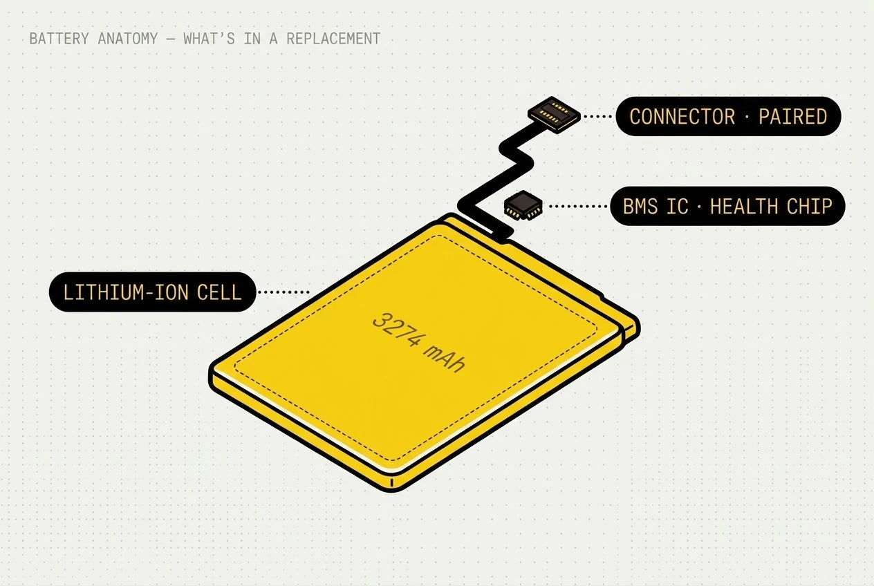 Exploded anatomy of a replacement phone battery — lithium-ion cell, BMS health chip and connector.