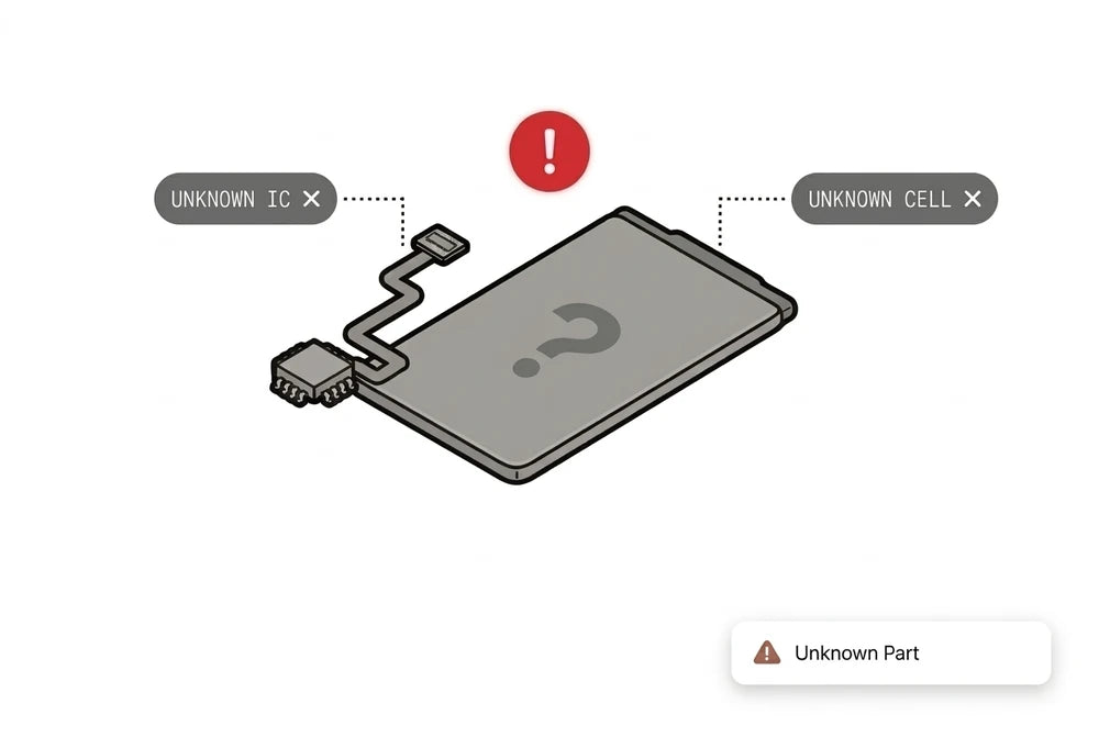 A generic grey aftermarket battery — unknown chip, unknown cell, flagged as Unknown Part.