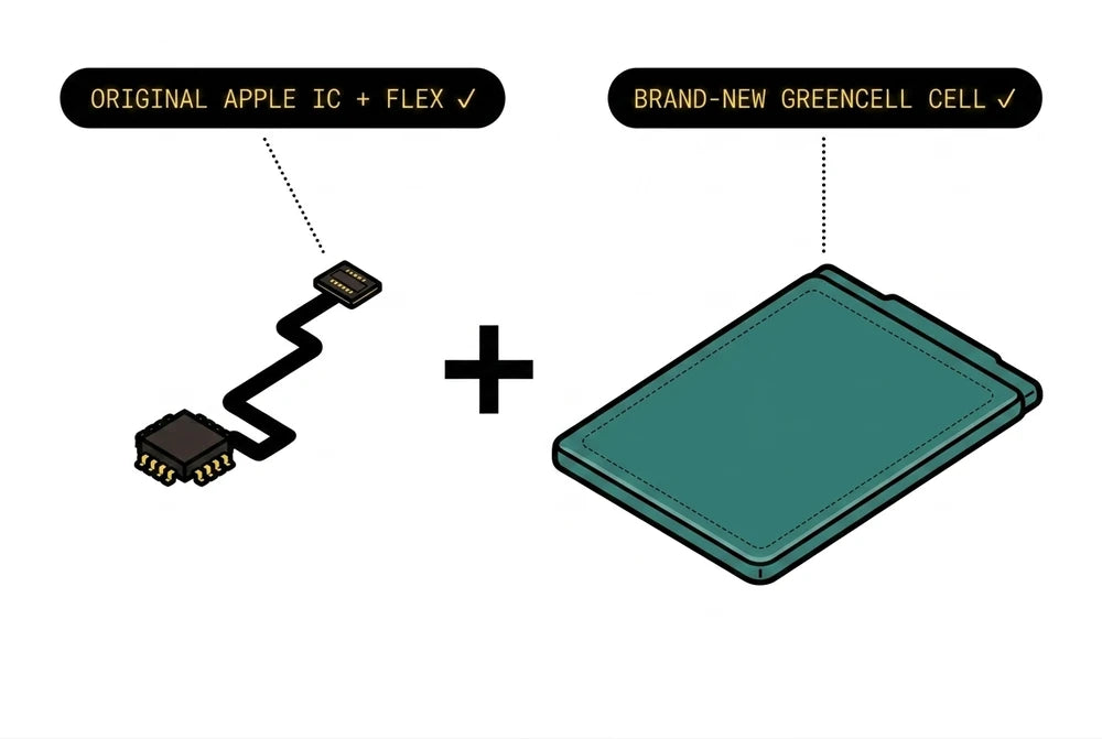 Original Apple BMS chip and flex plus a brand-new Greencell cell.