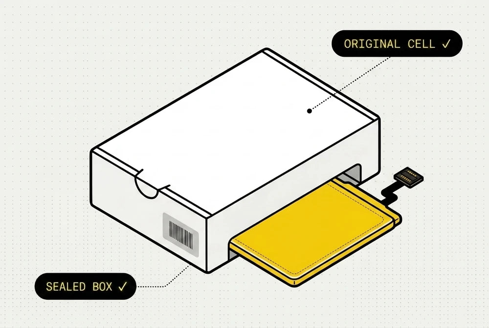 A sealed white service box with a genuine yellow battery cell sliding out.