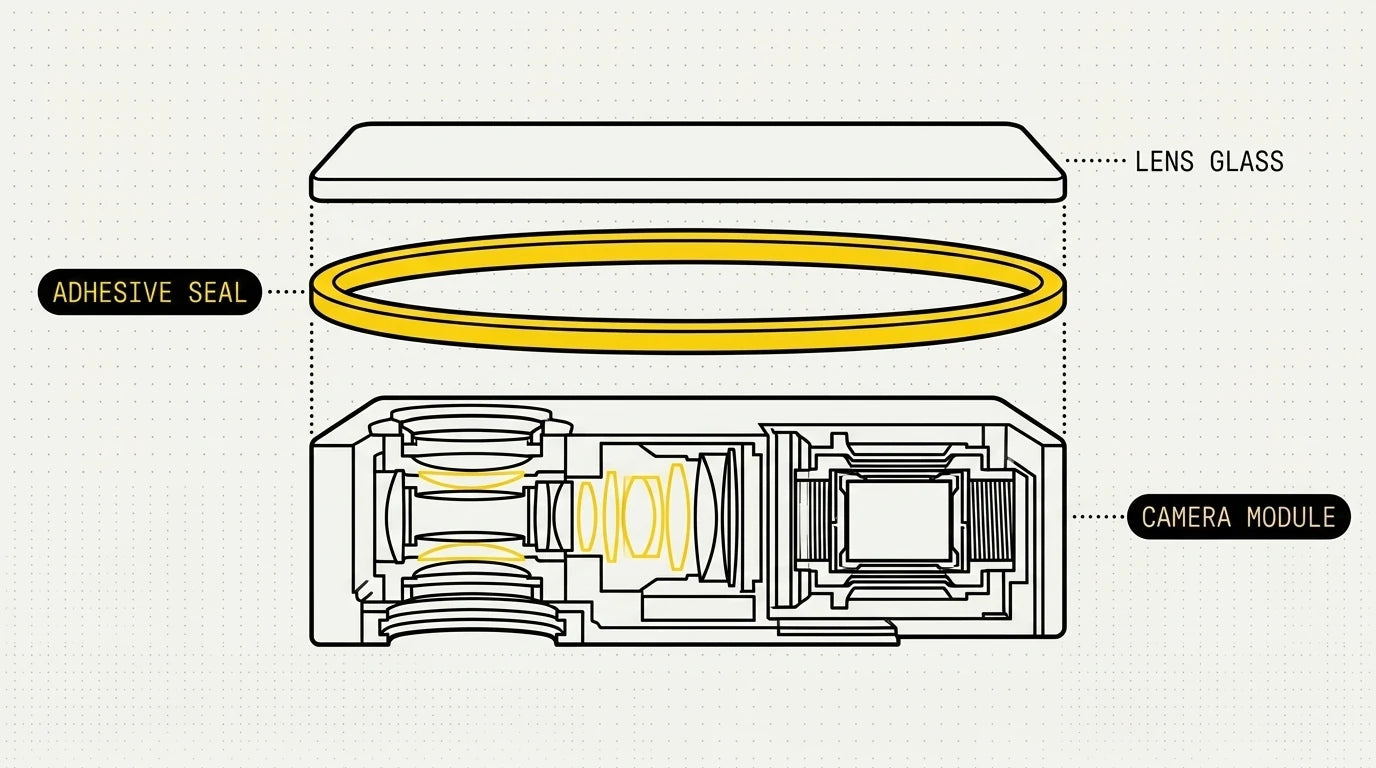 Exploded lens stack — lens glass, yellow adhesive seal, then the camera module