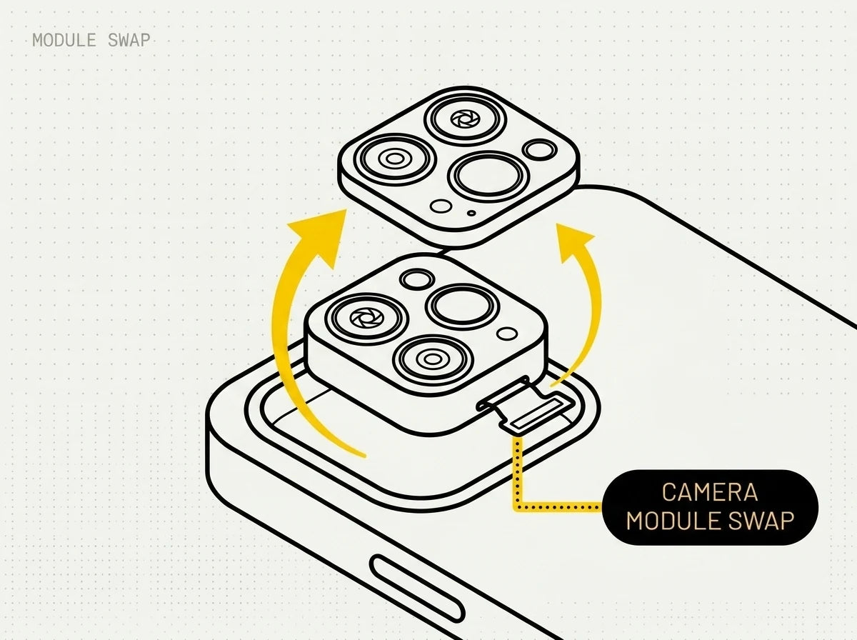 Isometric camera module being swapped out and in