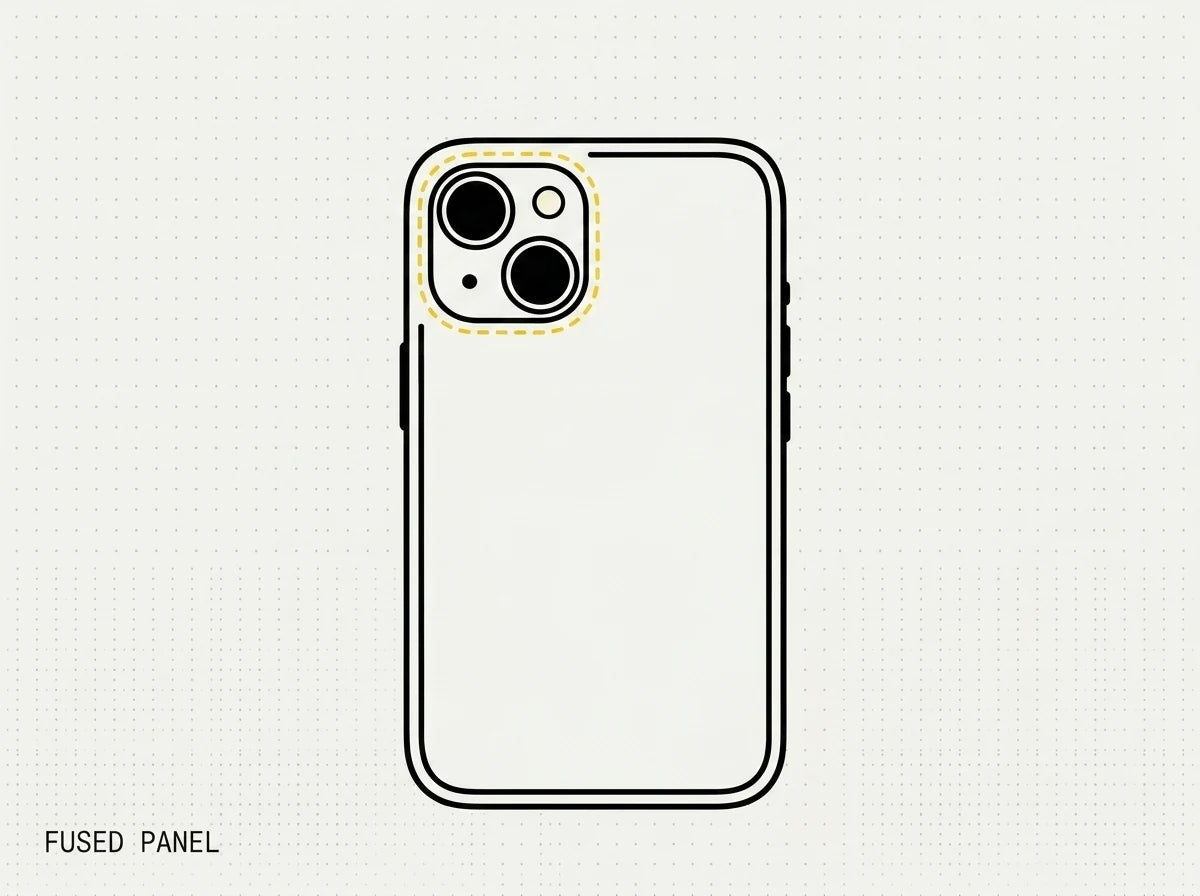 Phone rear with the camera area dashed-outlined as one fused panel