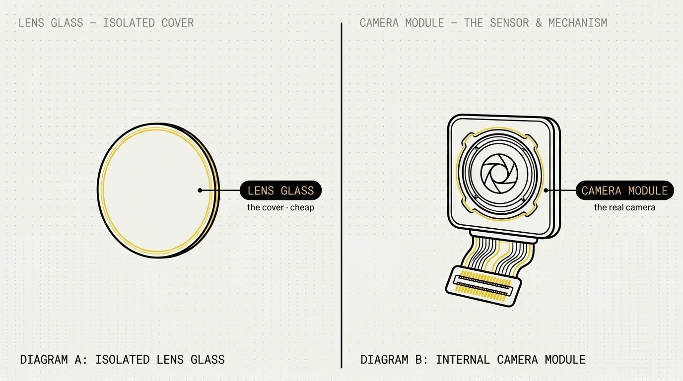 Side-by-side comparison of the lens glass versus the camera module