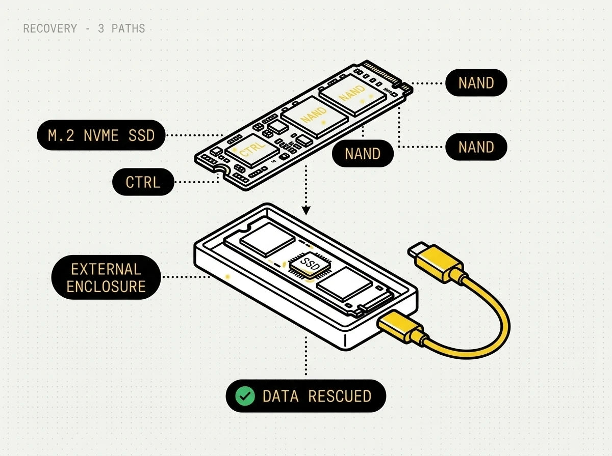 Data recovery — chips read from an SSD, mounted in an external enclosure, data rescued.