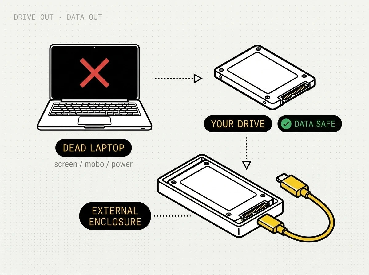 A dead laptop's intact drive pulled out and read in an external enclosure — your data comes out safe.