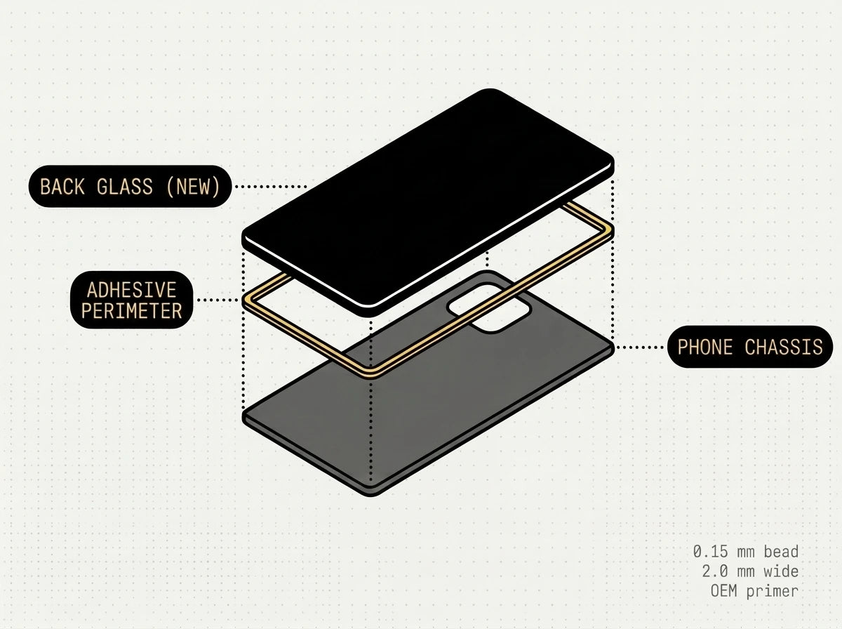 Exploded cross-section: new back glass, adhesive perimeter, phone chassis.