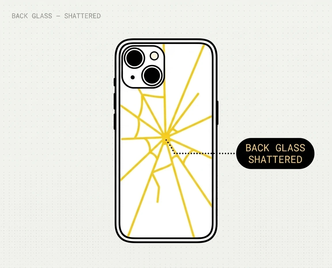 The back of a phone with shattered back glass — yellow fracture radiating from the impact point.