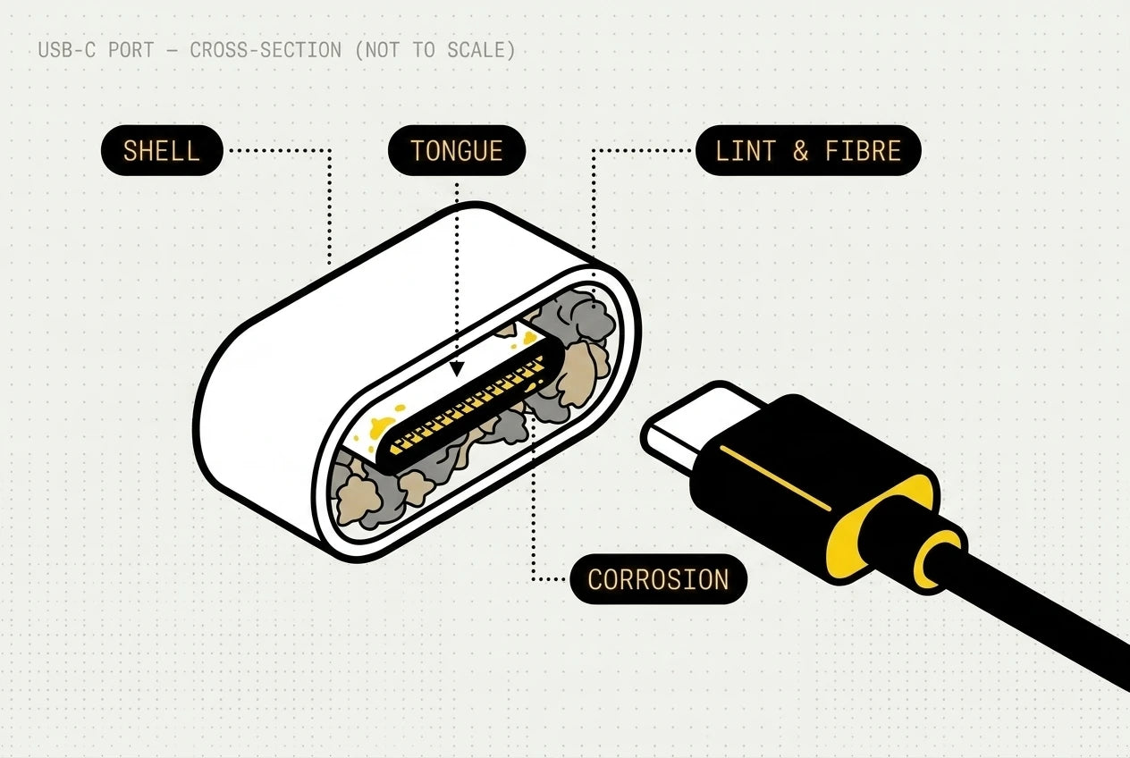Cross-section of a USB-C charging port packed with pocket lint blocking the pins.