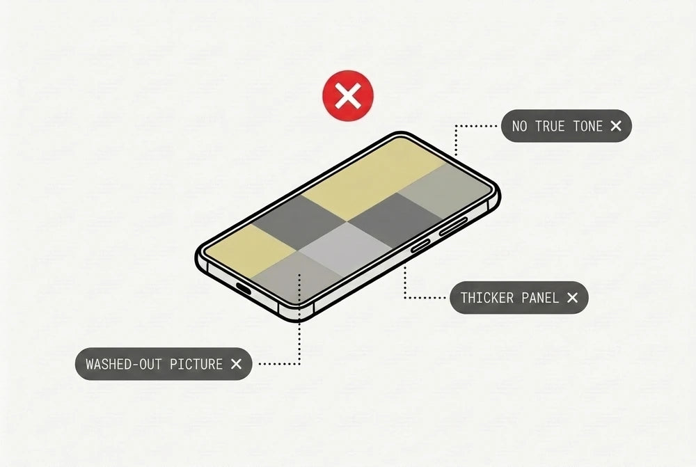 A washed-out budget Incell LCD screen — dull colours, no True Tone.