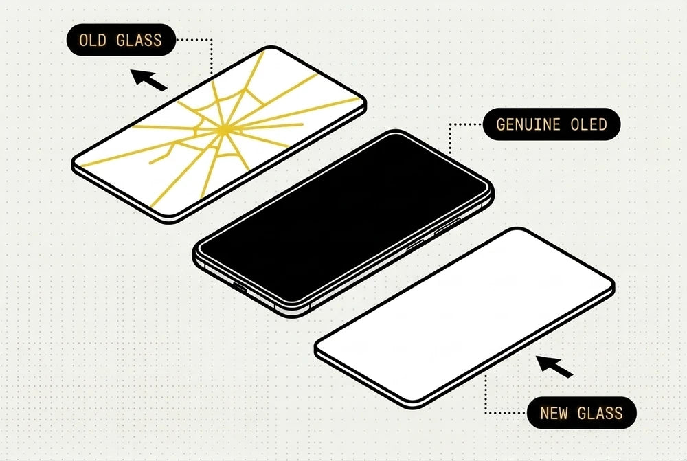 Exploded view: cracked glass lifting off a genuine OLED panel, fresh glass lowering on.